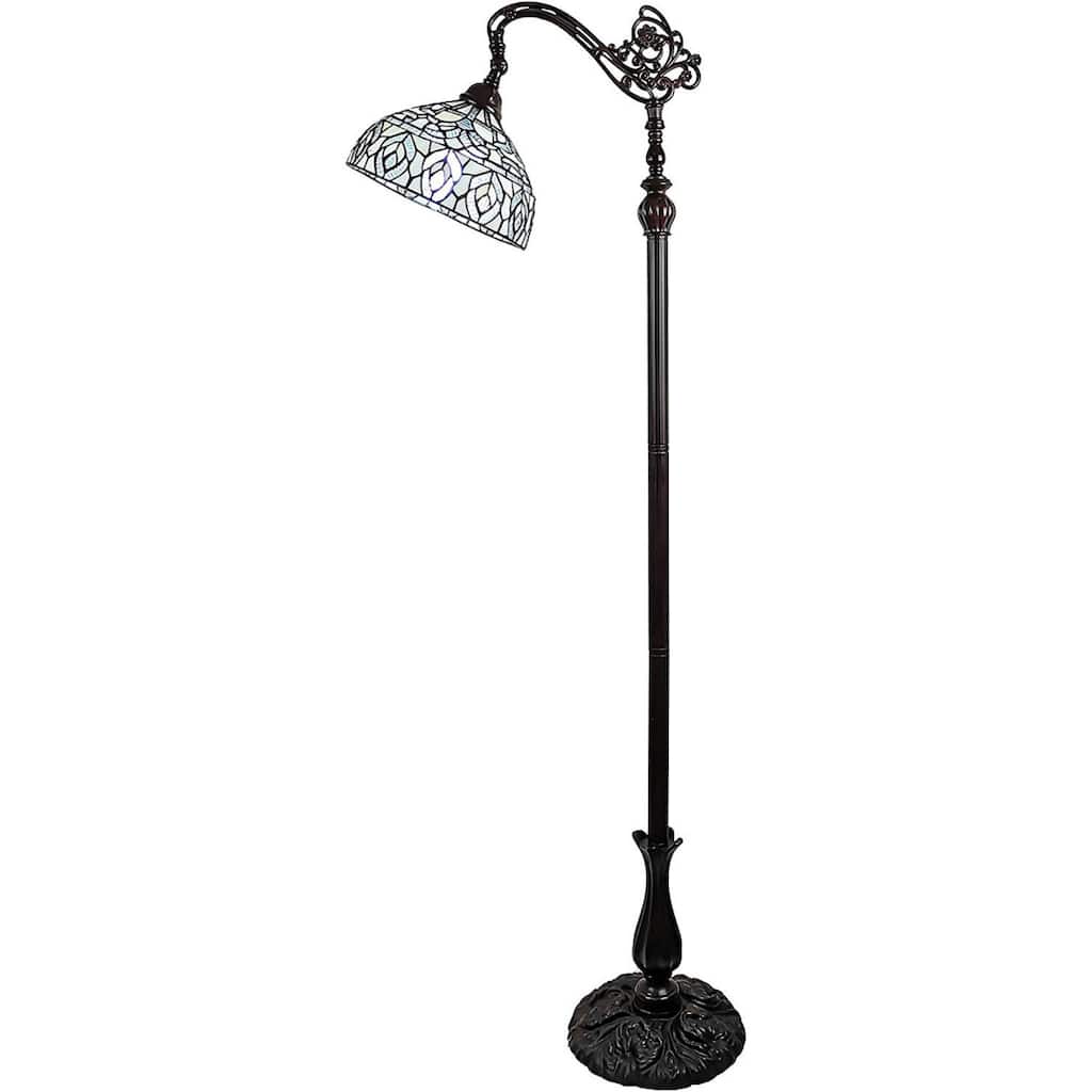 Brown Metal Torchiere Floor Lamp with White Peacock Glass Shade - 12” x 12” x 62” (D x W x H)