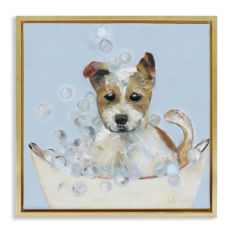 Stupell Fun Bubbles Puppy Bath Framed Floater Canvas Wall Art Design By Sally Swatland - 25 x 25 - Gold