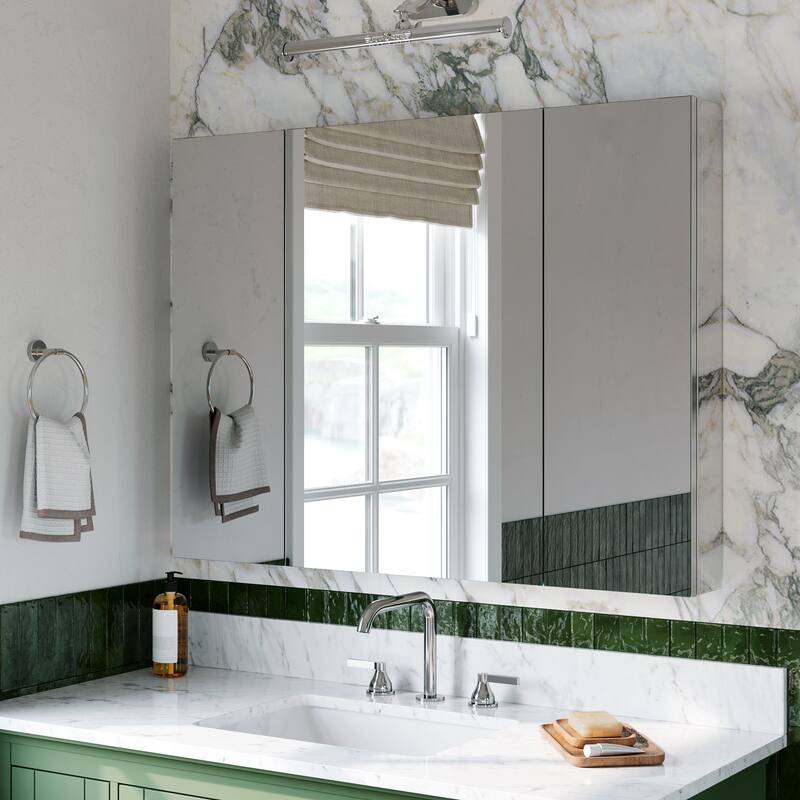 40x30 in Tri-View Mirrored Medicine Cabinet, 3-Door Triple Swing, Copper-Free, Blum Soft-Close, Recessed/Surface - Silver