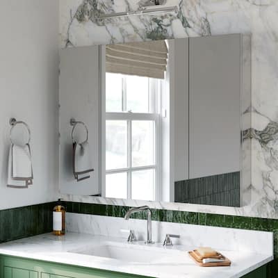 40x30 in Tri-View Mirrored Medicine Cabinet, 3-Door Triple Swing, Copper-Free, Blum Soft-Close, Recessed/Surface