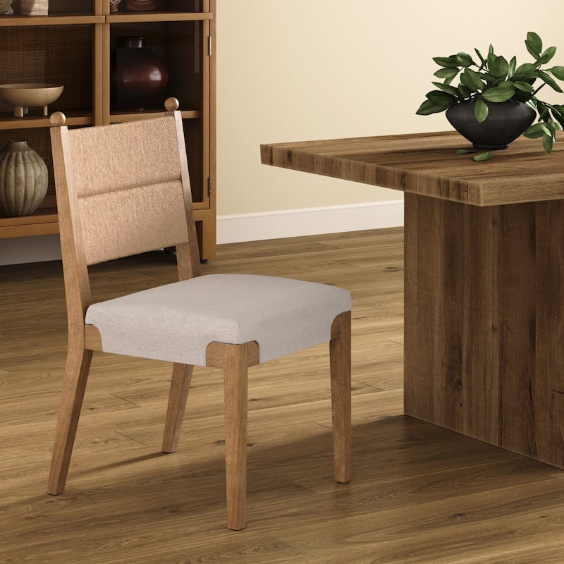 Cove Boho Solid Wood Dining Chair with Woven Seagrass Back and Upholstered Seat - Single - Flax/Light Brown