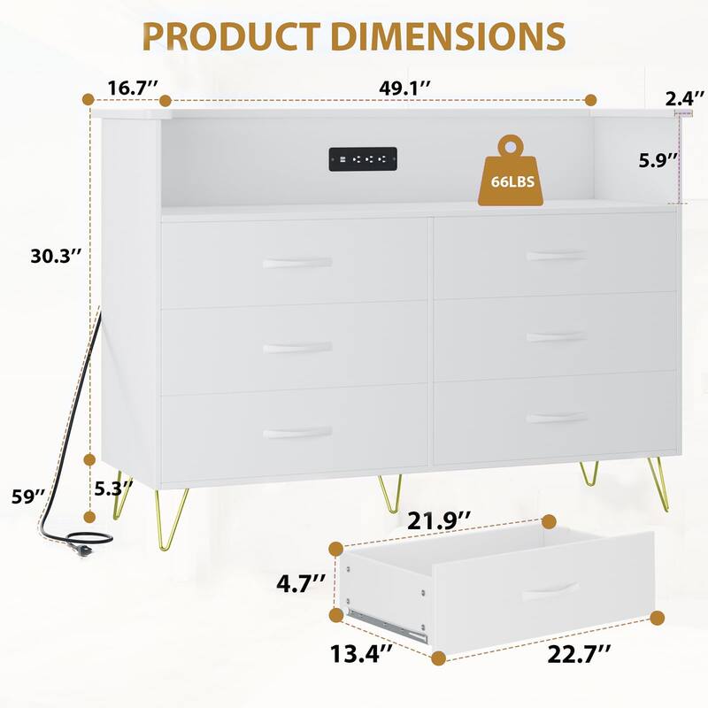 6-Drawer Dresser for Bedroom with LED Lights & Charging Station, Wood Storage Chest with Steel Frame