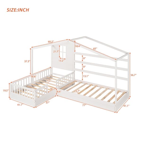 dimension image slide 1 of 2, Twin Size Wood House Platform Bed, L-Shaped with Fence and Slatted Frame
