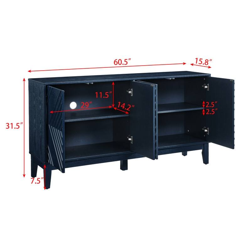 60.5" Farmhouse Fluted Sideboard – Mid-Century Modern TV Stand with Geometric Design & Adjustable Shelves for Living Room.