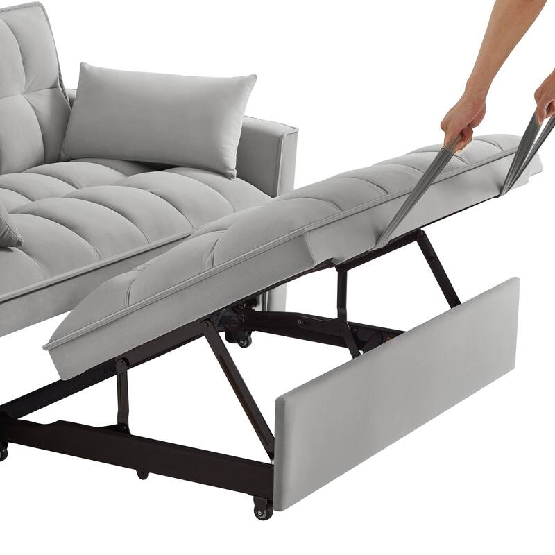 Gray 52.5" Velvet 4-in-1 Loveseat Tufted Pull-Out Sofa Bed with Adjustable Backrest