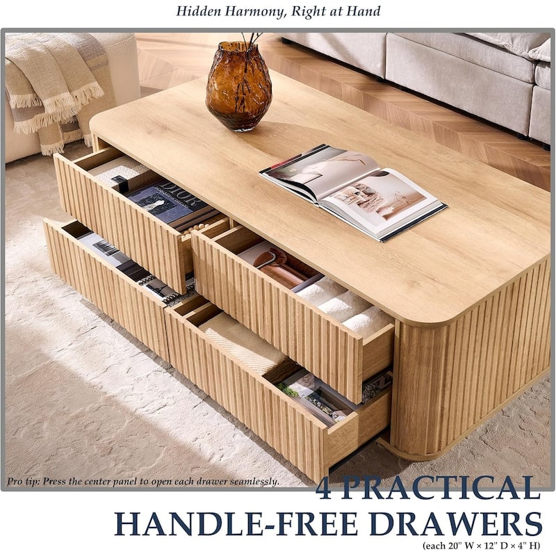 Fluted Coffee Table w/ 4 Drawers, Modern Center Table for Living Room