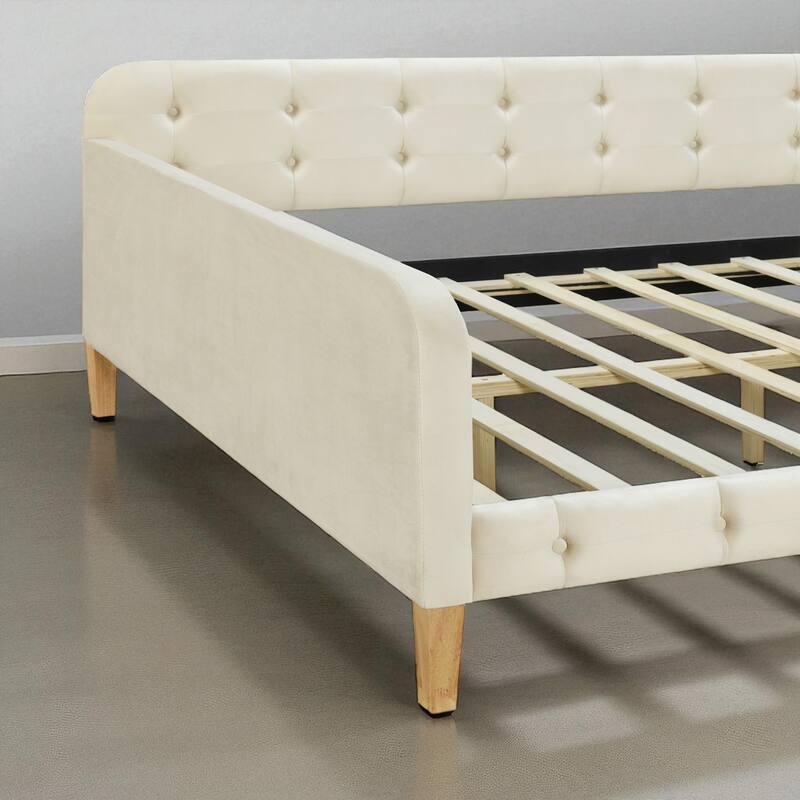 Full Size Upholstered Daybed with Velvet Fabric, Solid Wood Frame, Slat Support, No Box Spring Needed