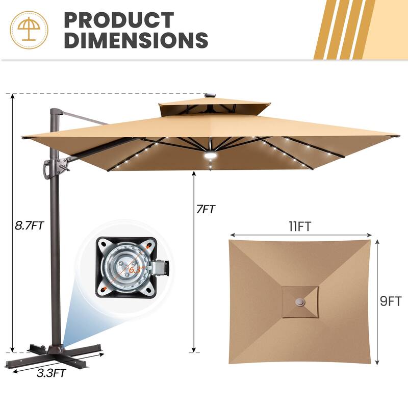 9 FT x 11 FT Outdoor Double Top LED Lighted Patio Cantilever Umbrella