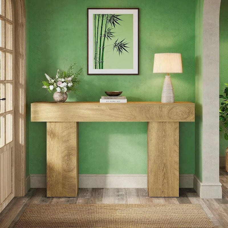 Brown MDF Console Table with Tree-Ring Top and Industrial Pedestal Base - 62.99” L x 13.78 W x 33.46 H
