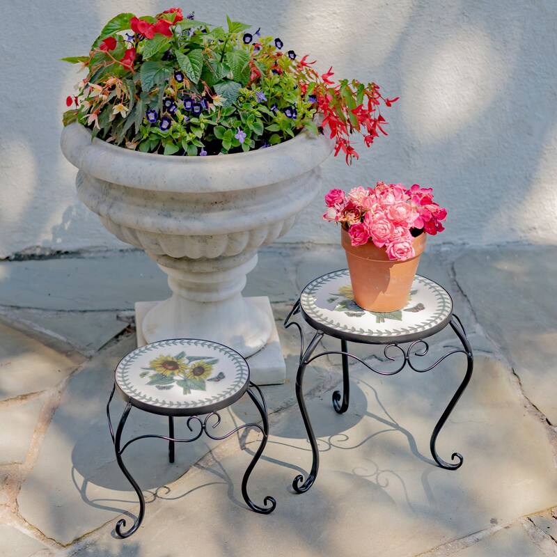 "Marisol" Set of 2 Round Iron Mosaic Plant Stands - 11.81" X 11.81" X 14.17" H