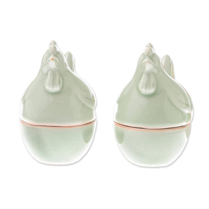 NOVICA Celadon ceramic egg cups, 'Hen Breakfast' (pair)