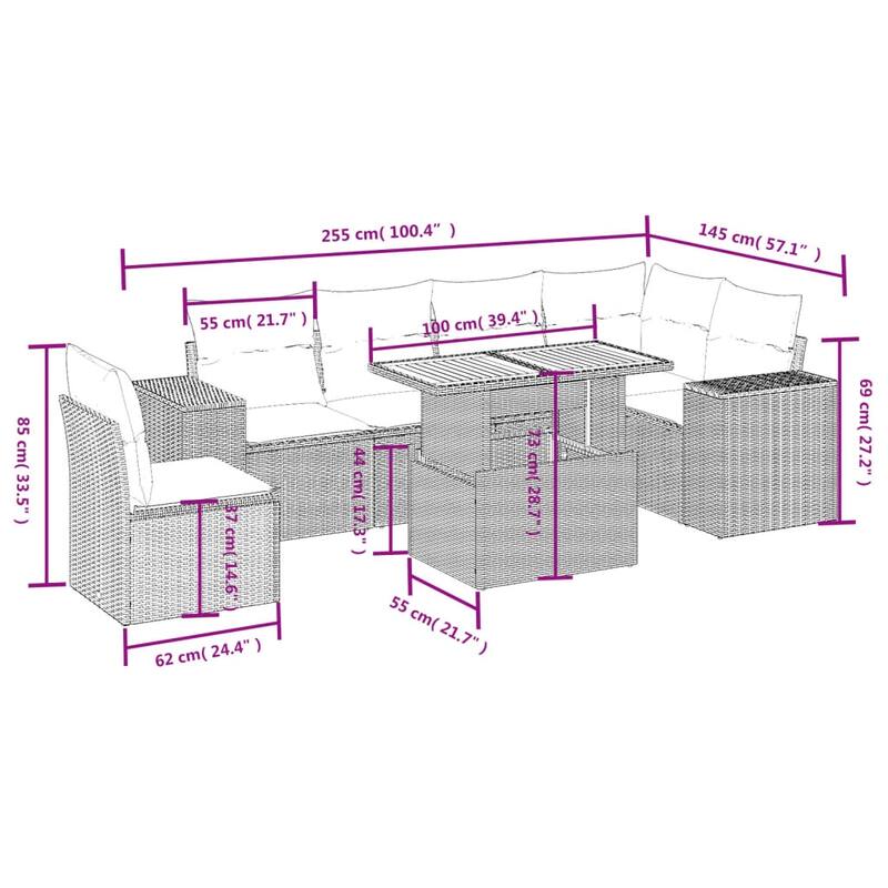 vidaXL Patio Sofa Set with Cushions Table and Modular Sofas 7 Piece Poly Rattan