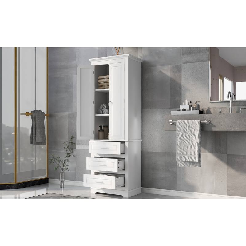 Roomfitters 64" Tall Bathroom Storage Cabinet, Modern MDF Linen Tower with 3 Large Drawers & Adjustable Shelves, White
