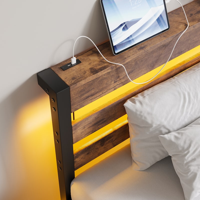 Twin Size Modern Metal Bed with Wooden Headboard, RGB Lights, and Storage Shelf