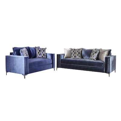 Odie Sofa Loveseat Set, 6 Throw PIllows, Satin Blue Silver Microfiber