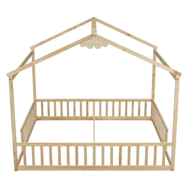 Twin Size Pine Wood House-Style Floor Panel Bed with Fence and Guardrails - No Door Version