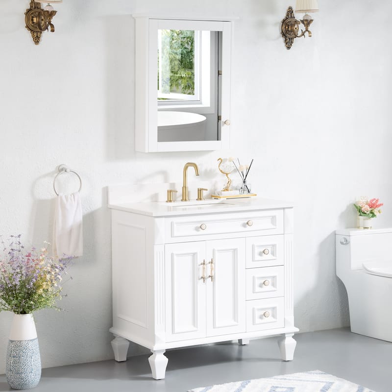 35'' H X 36'' W Solid Wood Bath Vanity with Stain-resistant Carrera Quartz Top and Single Sink