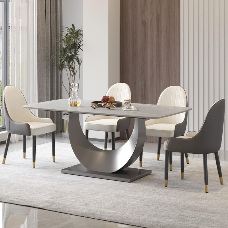 Rectangle Dining Room Table with U-Shape Stainless Steel Pedestal for Kitchen/Living Room