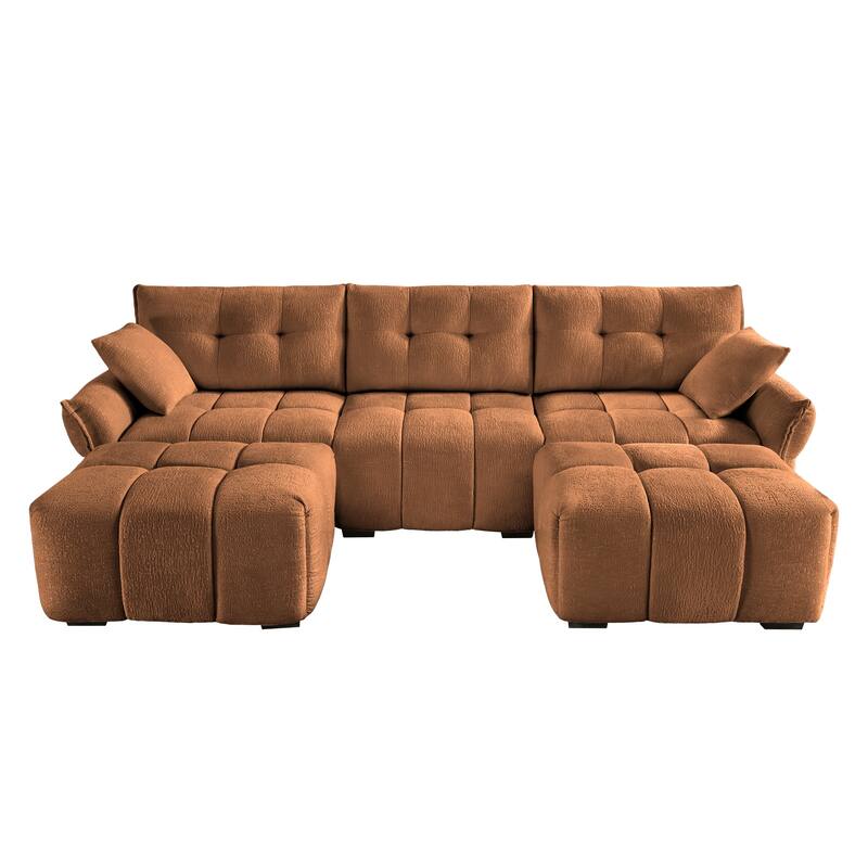 110.2" Chenille 3-Seater Sofa Set with Ottoman and Throw Pillows, Solid Wood Frame
