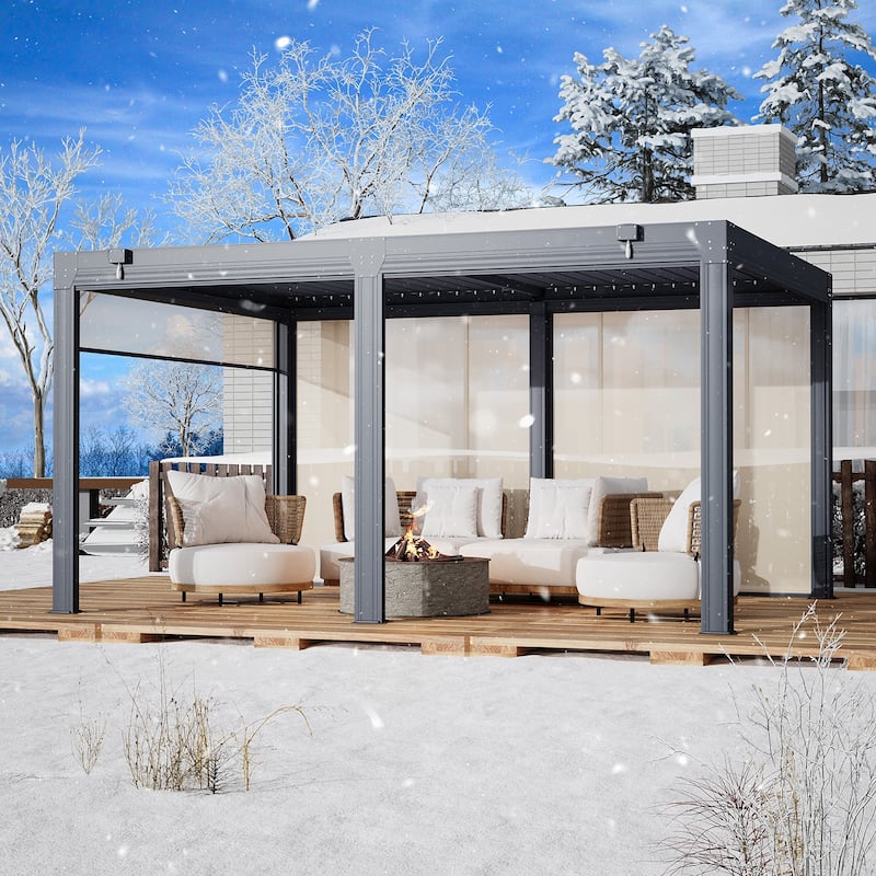 Erommy Outdoor Louvered Pergola Gazebo with Adjustable Aluminum Rainproof Roof and Pull-Down Screen