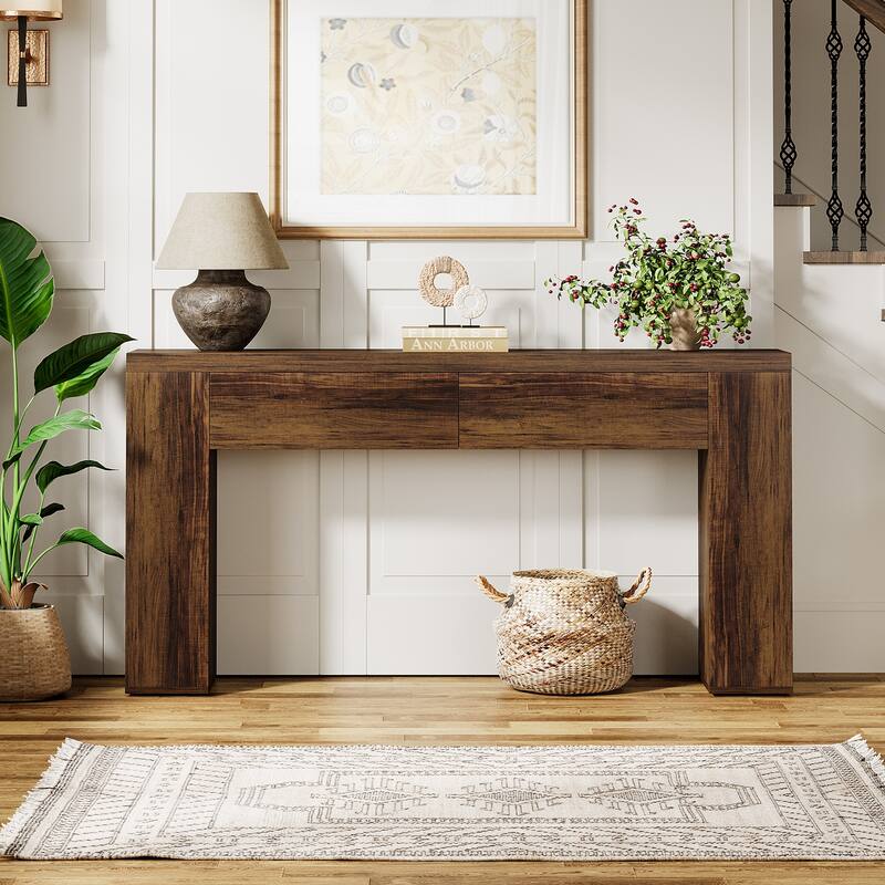 63-Inch Wooden Console Table with 2 Hidden Drawers, Sofa Table for Living Room, Hallway, Entrance, Foyer