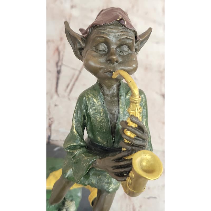 Whimsical Bronze Elf Leprechaun Playing Golden Saxophone Fantasy Sculpture By Juno