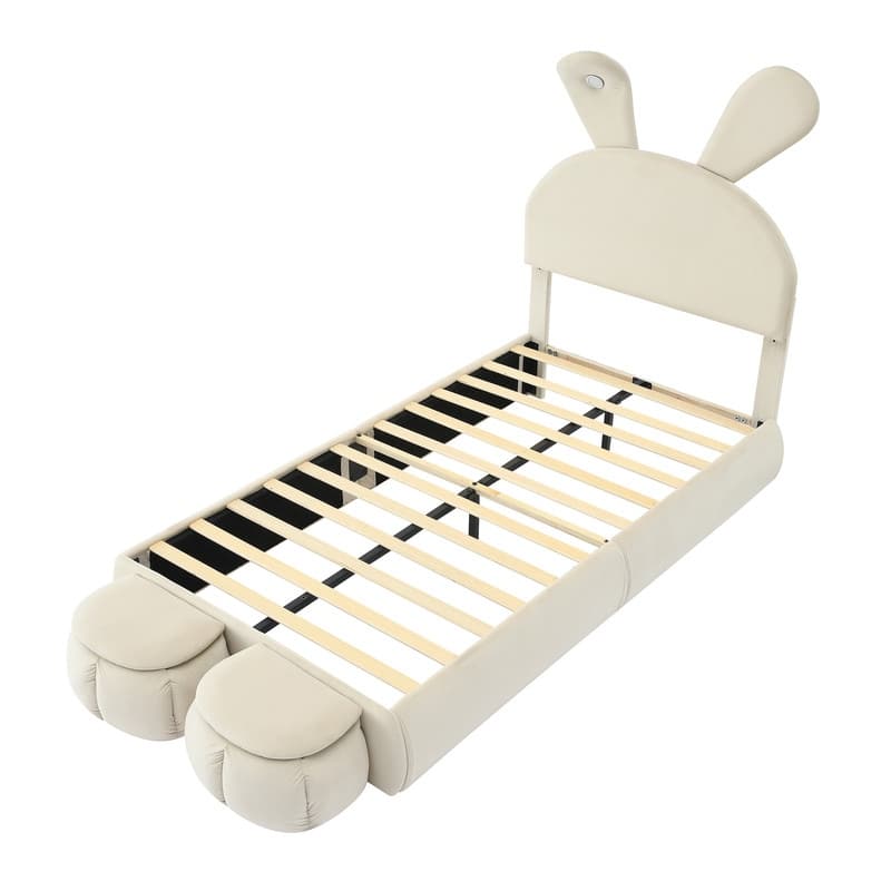 Twin/Full Size Upholstered Platform Bed with Cartoon Ears Shaped Headboard & Light, Cute Kids Bed Frame w/2 Small Storage Stools