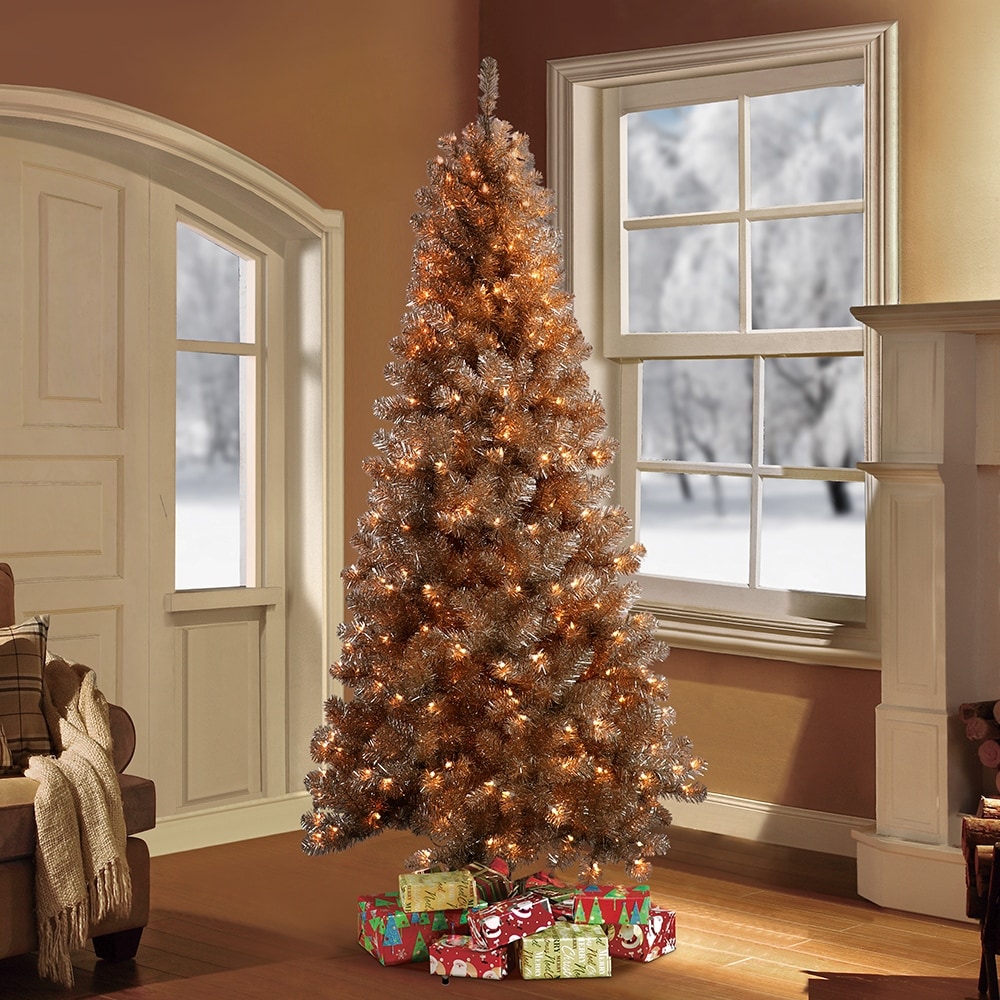 Shop Puleo International 6 5 Prelit Rose Gold Artificial Tree 400 Lights Green Overstock 27736125