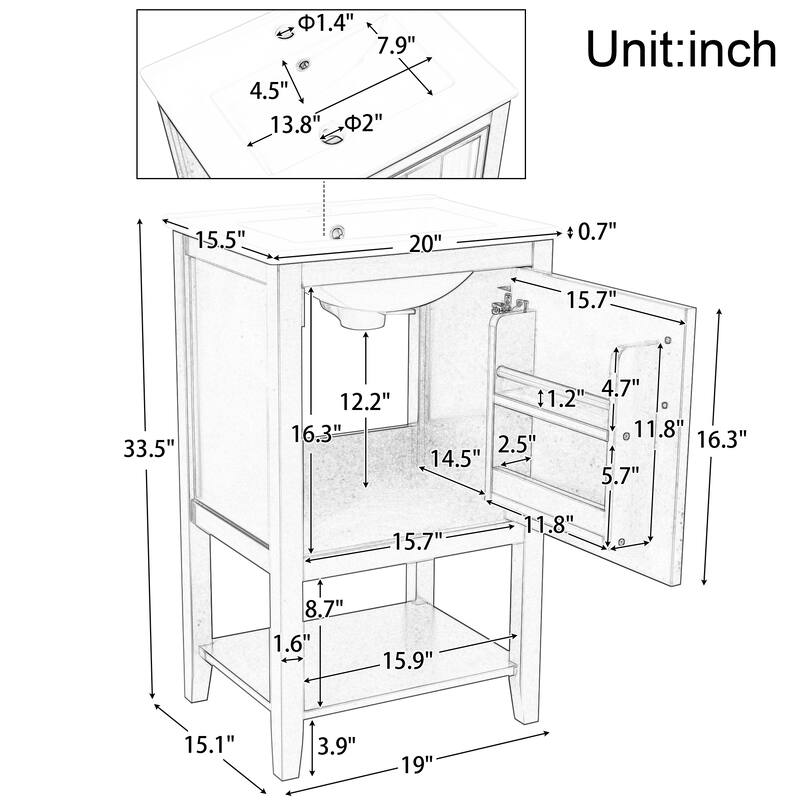 20" Bathroom Vanity Cabinet with Ceramic Sink, Soft Close Door, Storage Rack and Open Shelf