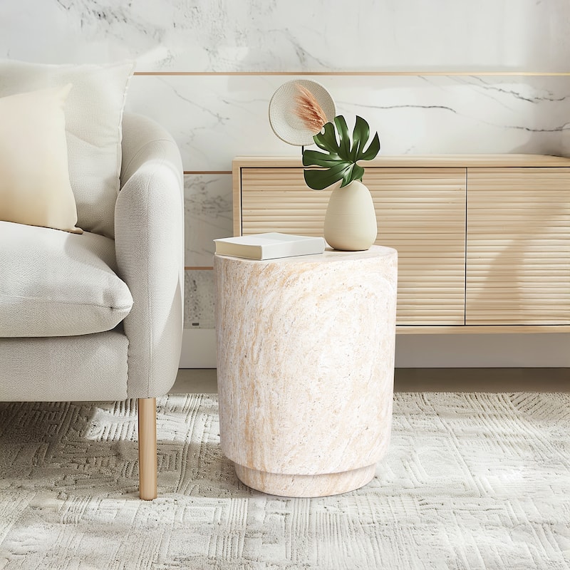 Cylinder Travertine Stone Finish Italian Design MgO Side Accent Table - 14.2"x14.2"x18.3"