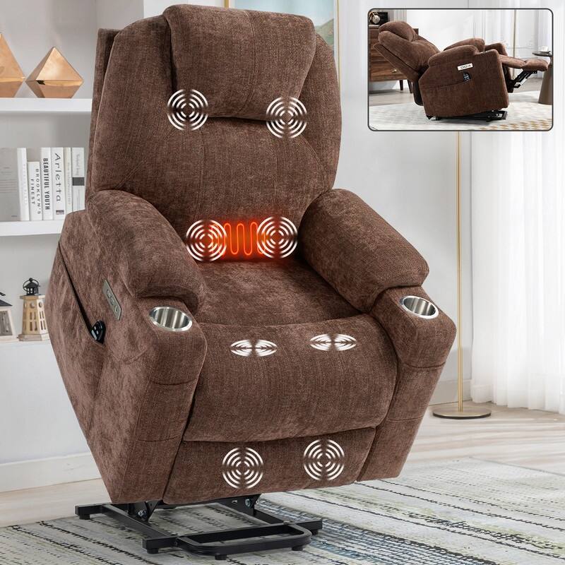 Heavy Duty Chenille Power Lift Recliner for Elderly with Massage, Heating, USB Ports and Cup Holders