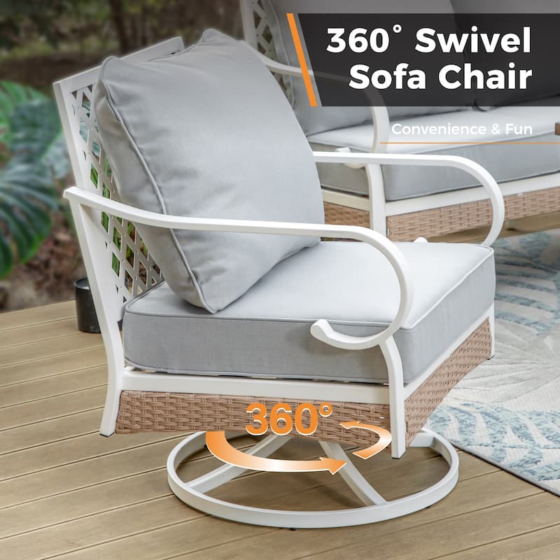 MAISON ARTS 5-Seat Patio Furniture Set, 2 x Cushioned Metal Chair, 1 x 3-Seat Sofa with Marbling Coffee Table