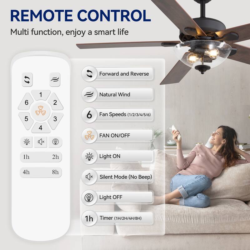 52" Farmhouse 2-Light Ceiling Fan with Glass Shade and Remote(5-Blade)