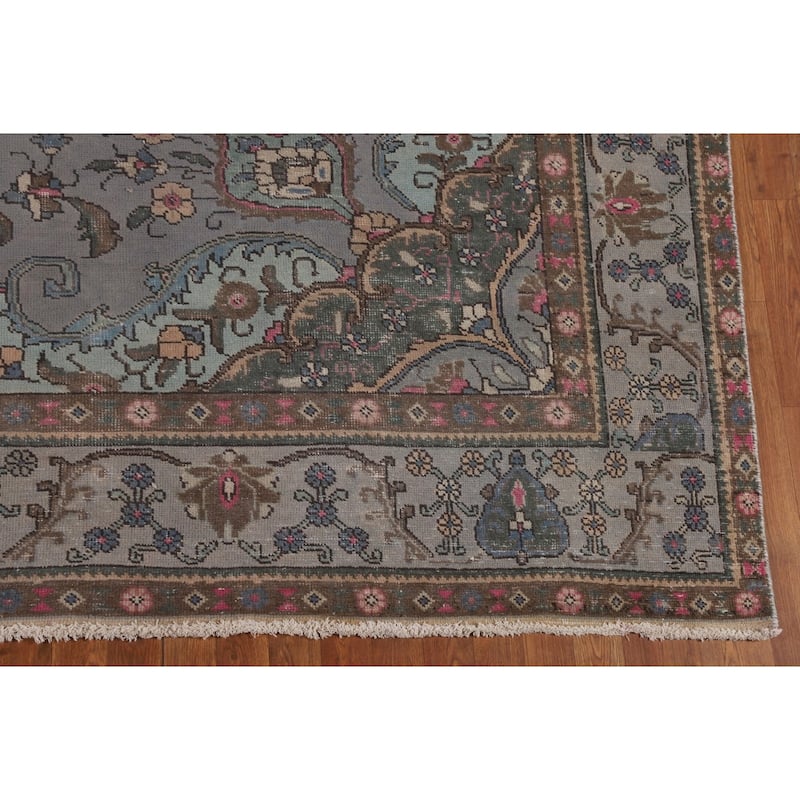Overdyed Blue Tabriz Persian Vintage Rug Hand-Knotted Wool Carpet - 9'6"x 12'8"