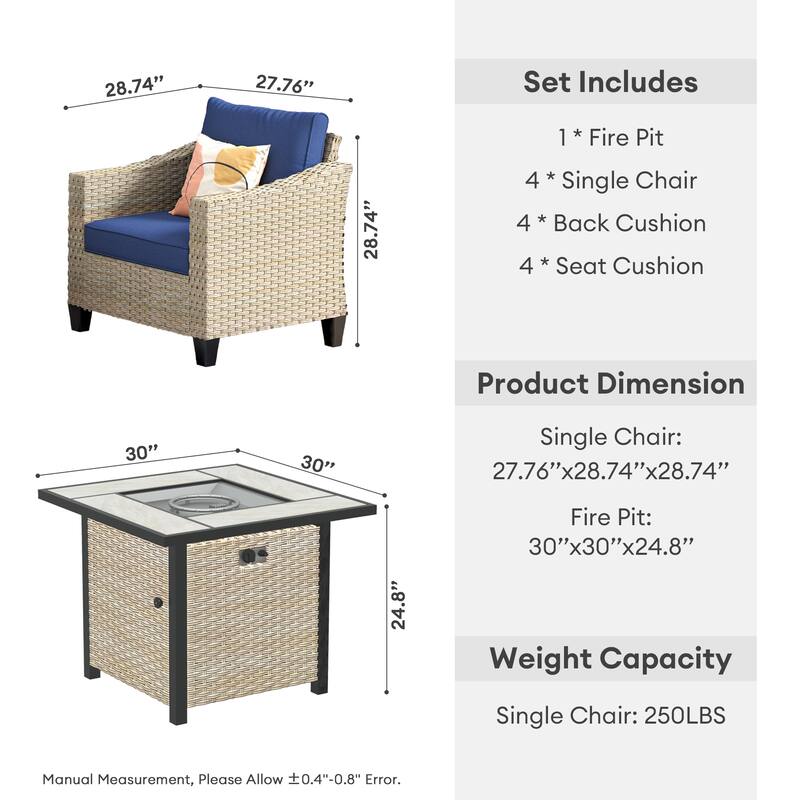 HOOOWOOO 5-piece Outdoor Patio Furniture Rattan Chat Set with Fire Pit Table