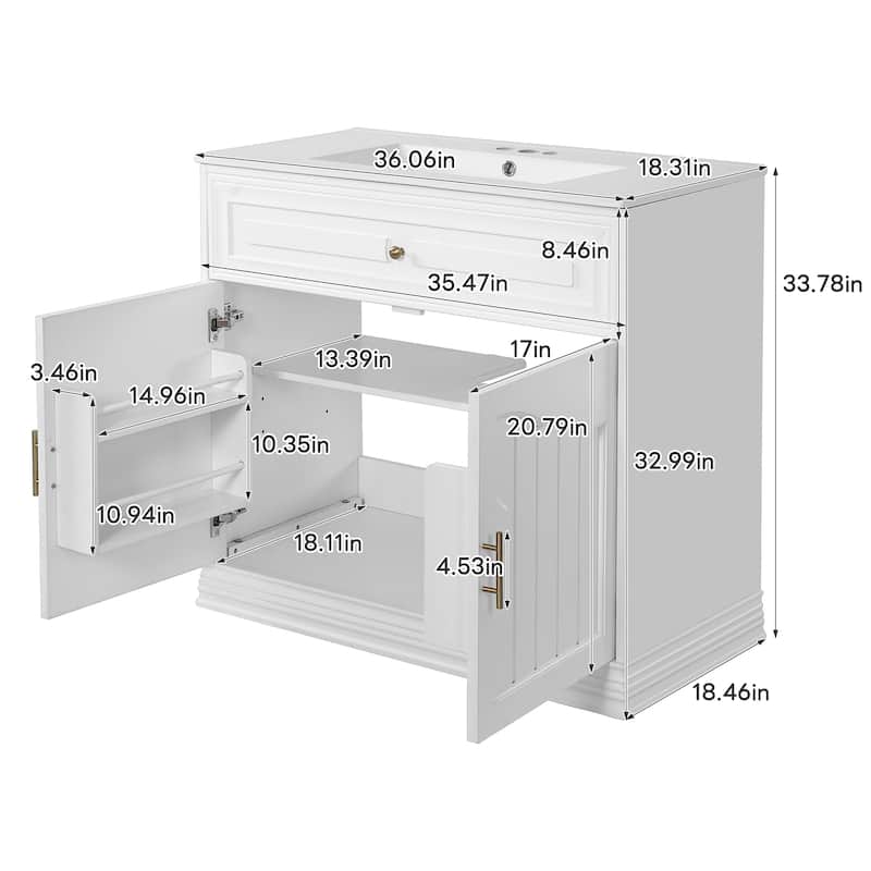 36" Luxurious Bathroom Vanity with Ceramic Sink, Bathroom Vanities Cabinet with 2 large Soft Closing Doors