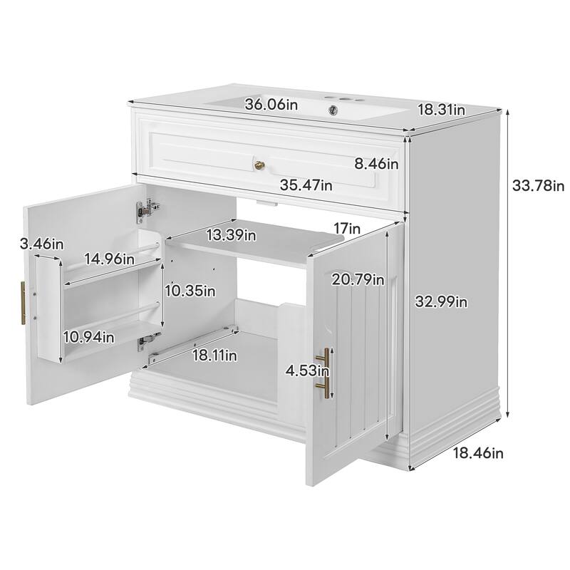 Roomfitters 36 Inch Bathroom Vanity with Ceramic Sink, Solid Wood Frame Storage Cabinet with 2 Doors