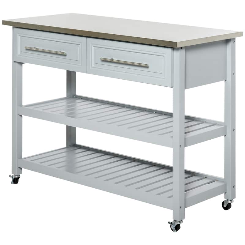 Kitchen Island with 3 Tiers, Kitchen Cabinet with Stainless Steel Top, Rolling Kitchen Cart with Drawers & Shelves
