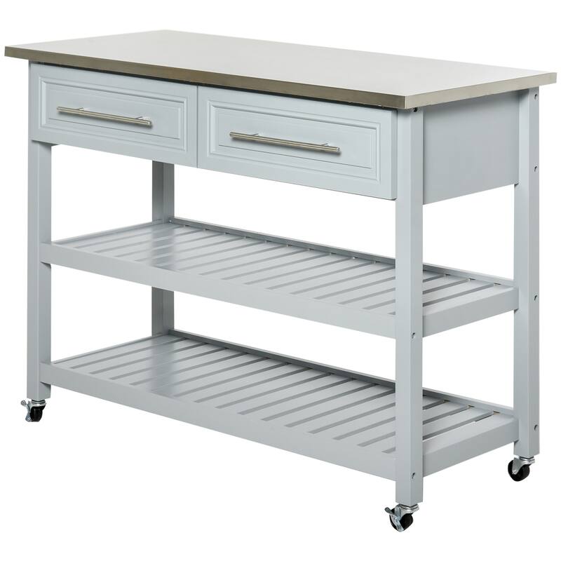 Kitchen Island with Stainless Steel Top, Traditional Kitchen Island with Storage, 2-Tier Open Shelves, Drawers, Light Gray
