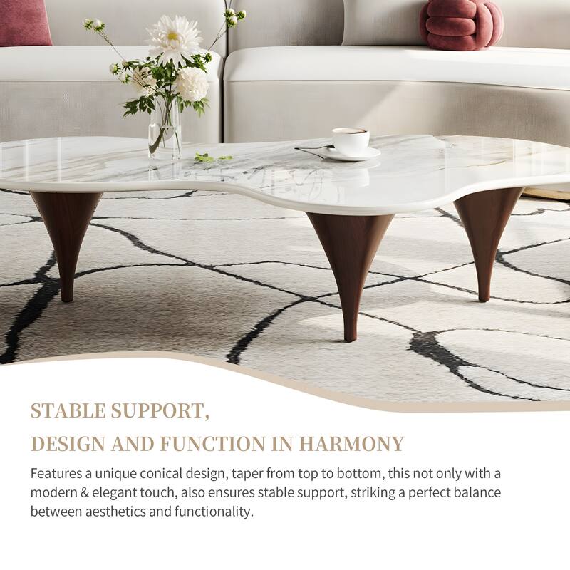 54.8" Modern Coffee Table, Glossy Faux Marble top, Metal Legs with wood texture