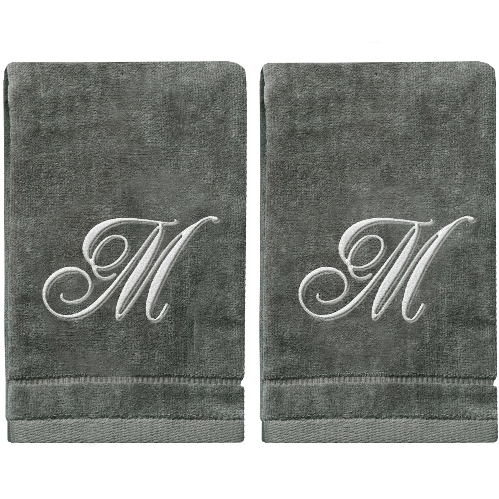 Monogrammed Hand Towel, Personalized Gift, 16 x 30 Inches - Set of 2 -  Silver Embroidered Towel - Extra Absorbent 100% Turkish Cotton- Soft Terry