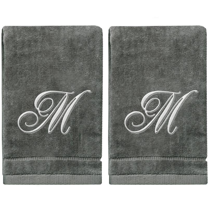 Soft Velour Silver Monogrammed Towels Fingertip - Set of 2 - M