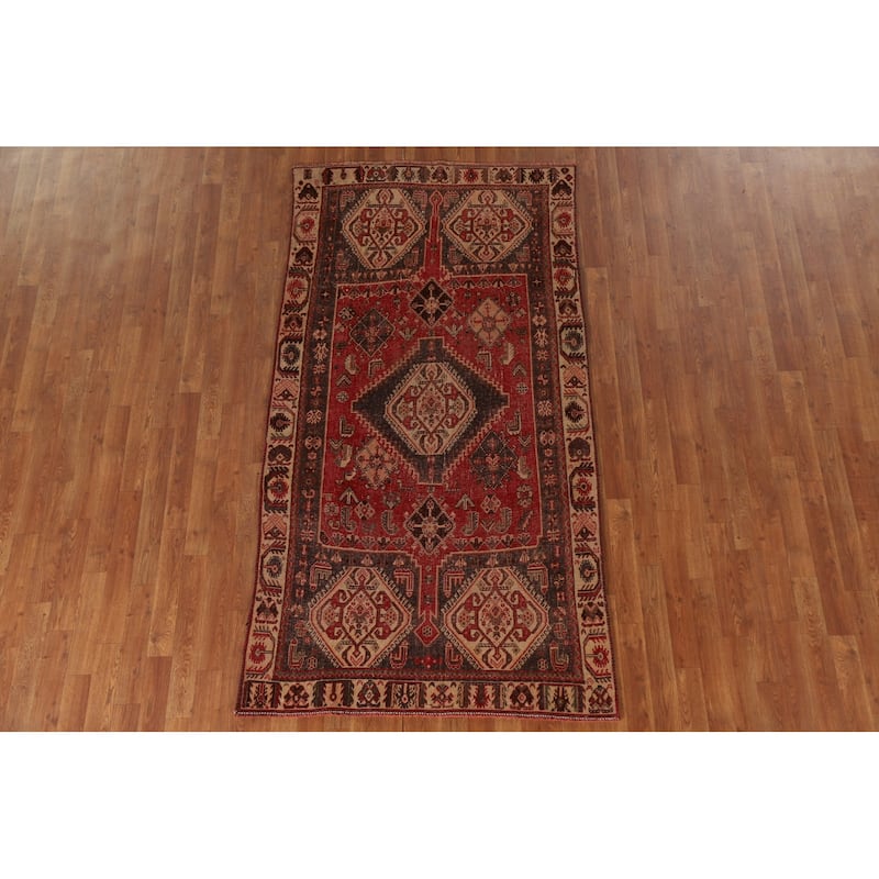 Red Shiraz Persian Antique Area Rug Handmade Wool Carpet - 3'11"x 7'6"