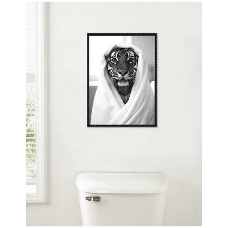 Kate and Laurel Sylvie Tiger Bathroom Art Towel Robe Black and White Framed Canvas by The Creative Bunch Studio