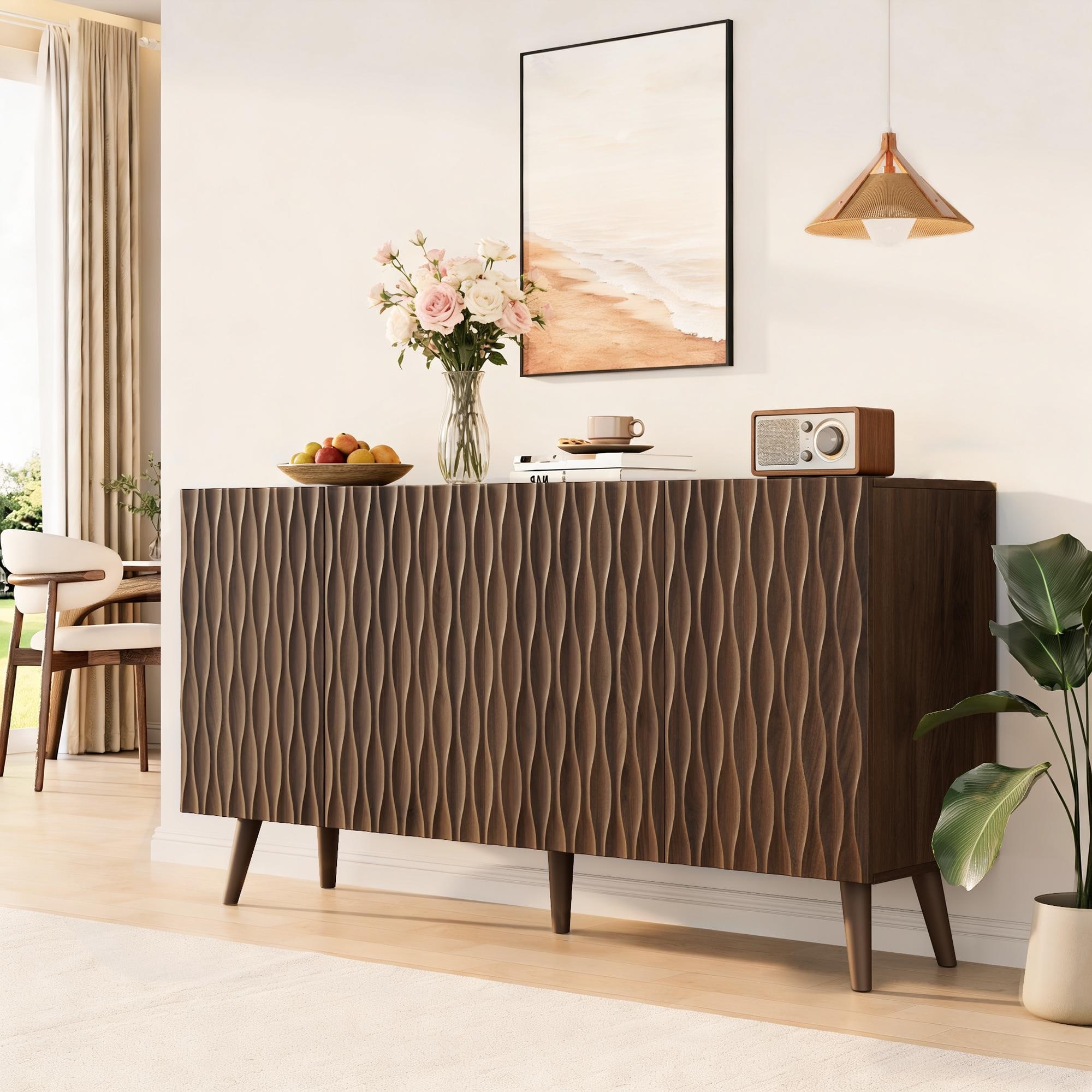 Accent Storage Cabinet with Adjustable Shelves, Two-Door Wavy Door Sideboard for Dining Room or Entryway