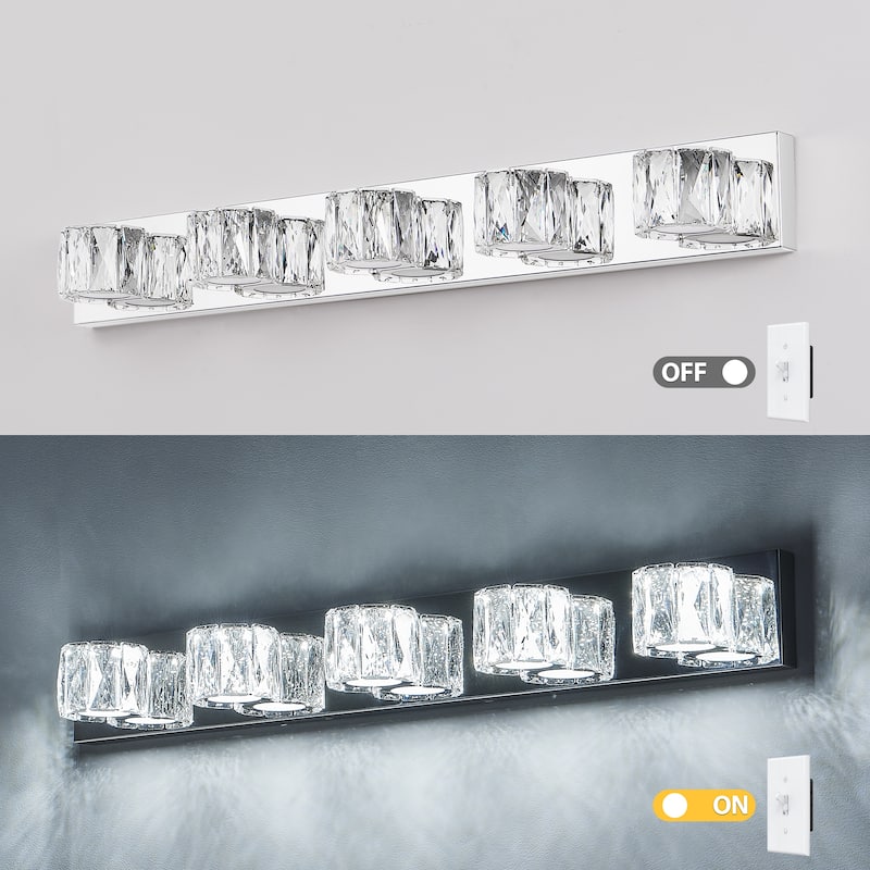 35" Modern Crystal 5-Light LED Wall Sconce - Elegant Chrome Bathroom Vanity Light with Clear Crystal Shades