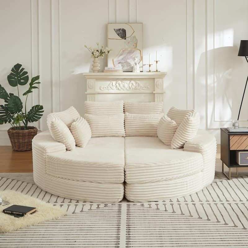 78.5" Corduroy Round Oversized 2-In-1 Sofa Bed, Neck Pillow Design With Four Throw Pillows