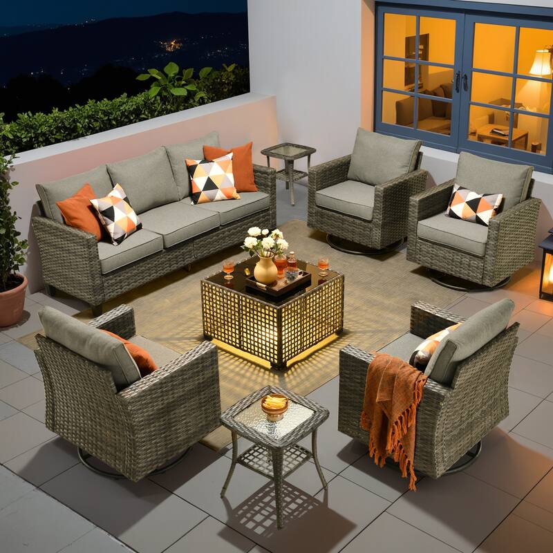 OVIOS 8 Pieces Outdoor Swivel Chair Set with Solar-Powered Table