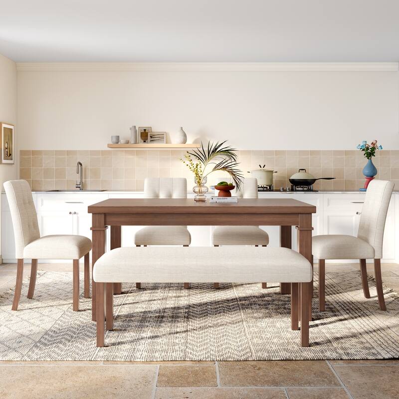 6-Piece Modern Dining Set, Rectangle Kitchen Table With 4 Upholstered Chairs & Bench