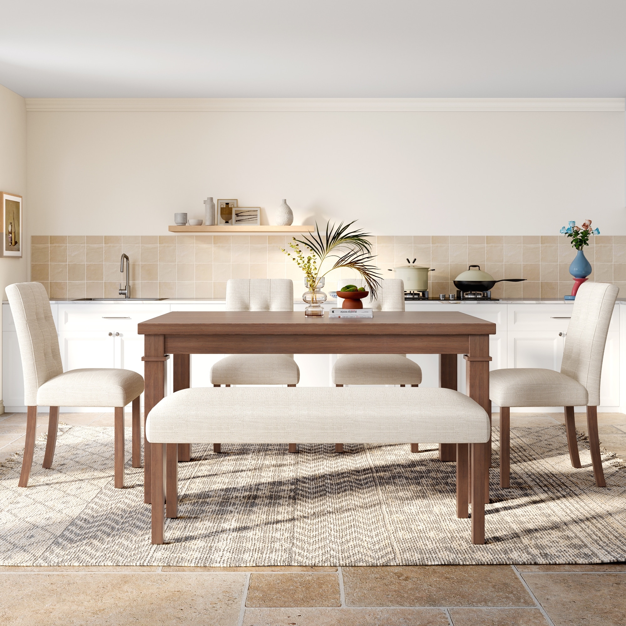 6 Piece Solid Wood Dining Table Set with Rectangle Dining Table, 4 Upholstered Chairs and 1 Bench for Dining Room